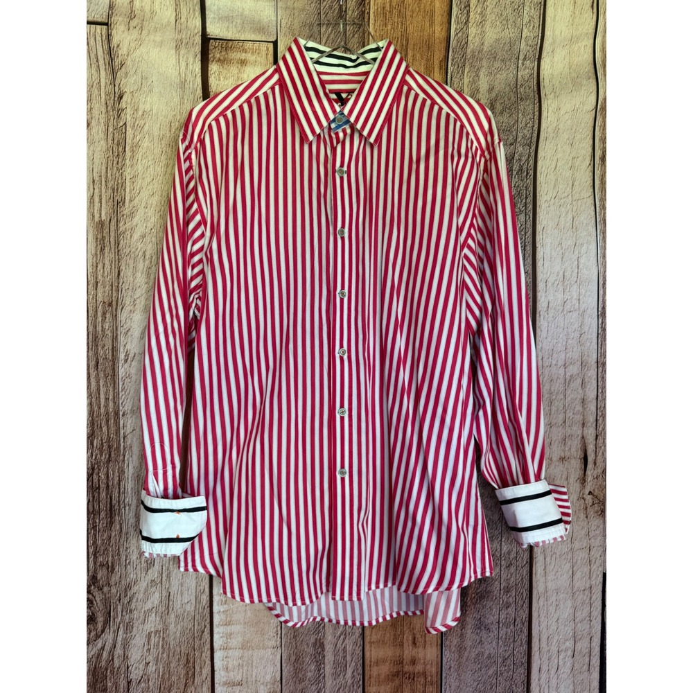 Robert Graham Striped Button Shirt Red White Contrast Cuff Designer Statement XL